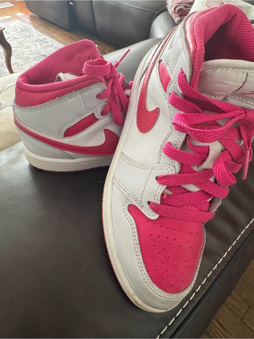Nike White and Hot Pink Kids High-Top Sneakers